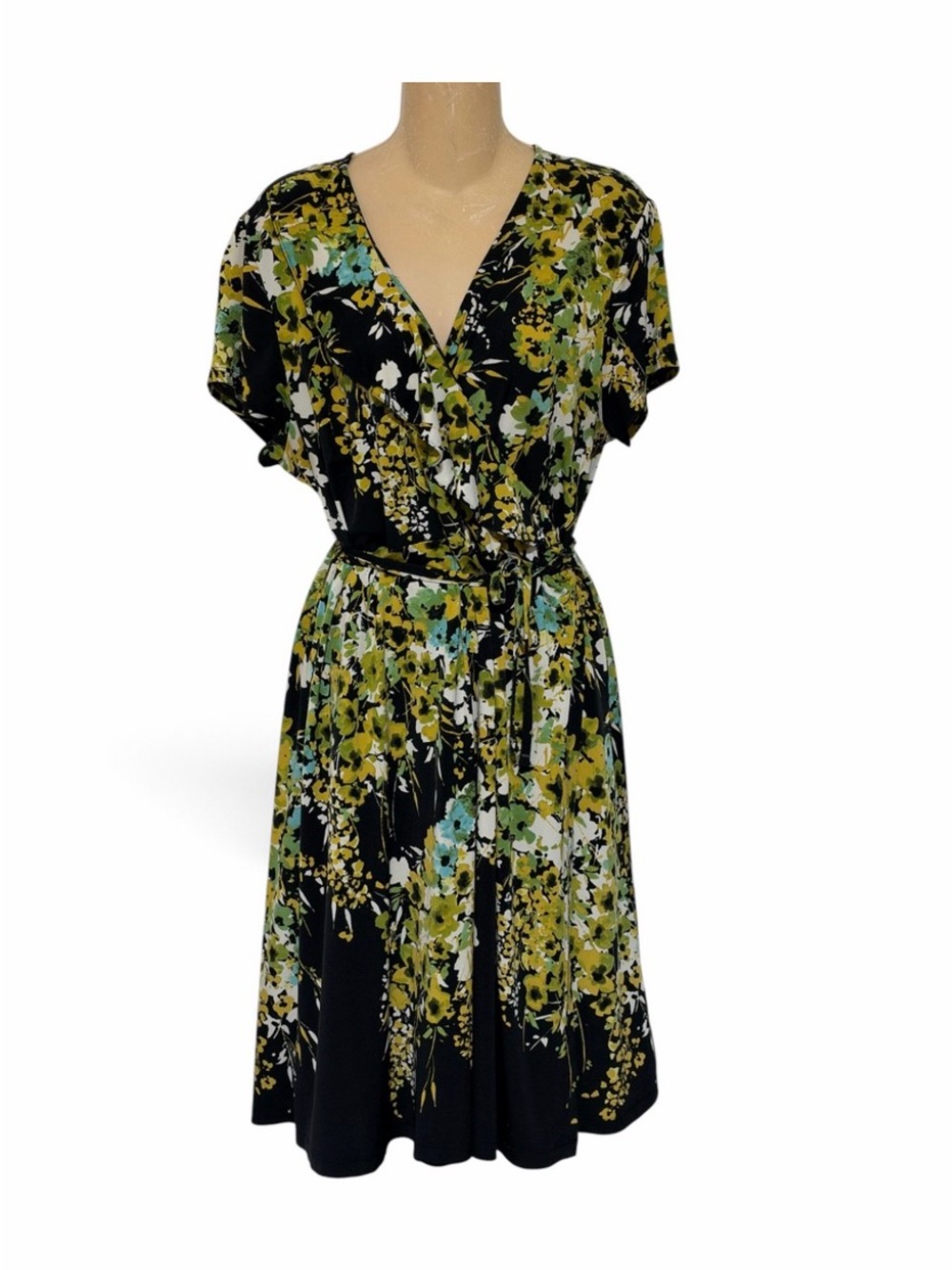 Apt. 9 Black Floral Wrap Midi Dress with Olive and Teal Accents